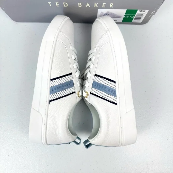 Ted Baker Bailey Icon Women’s 7.5 Classic Leather Tennis Shoe Blue Stripe New - Picture 6 of 13